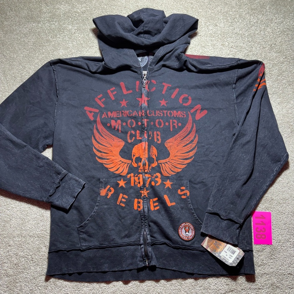 Affliction Men’s Full Zip Up Hoodie XL Cross Skull Wings NWT